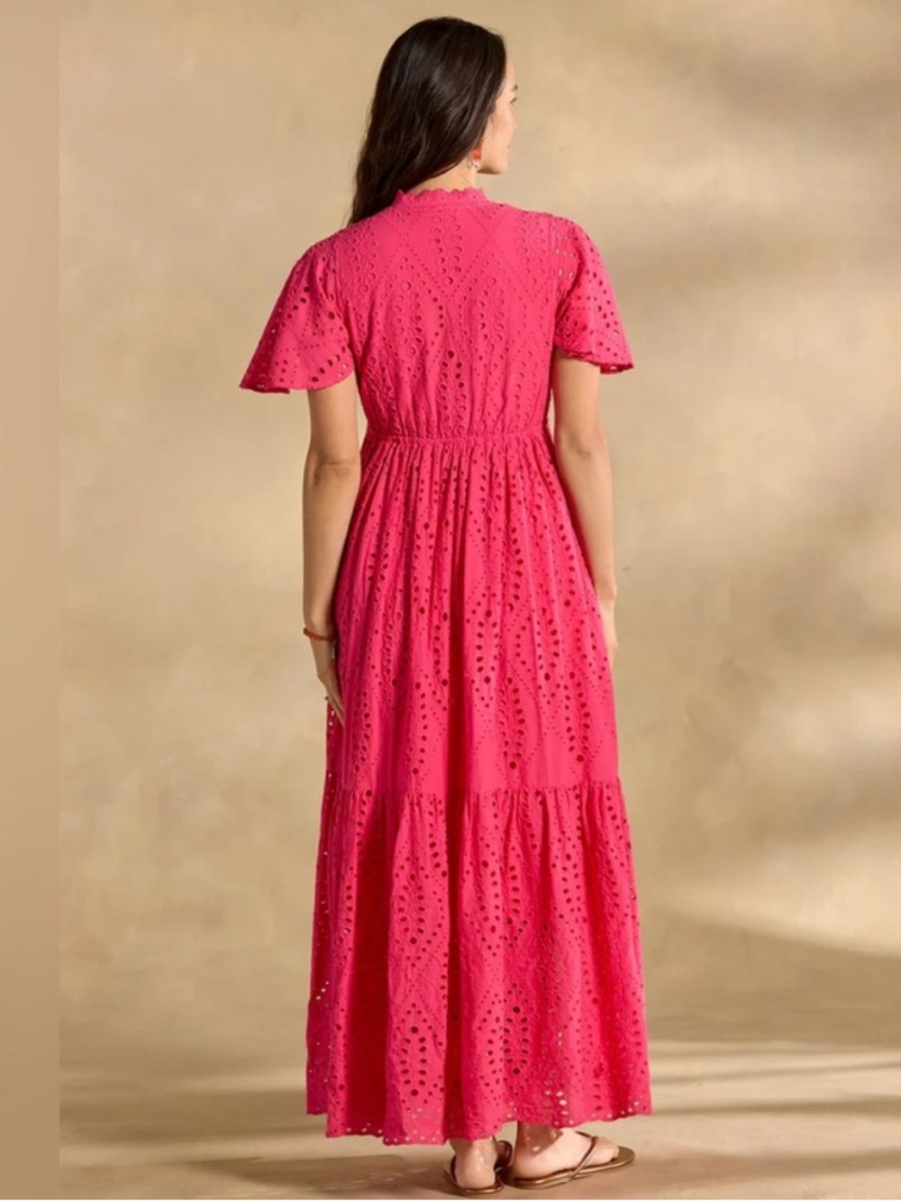 Sundance Juno Eyelet Maxi Dress Pink Pockets Elastic Waist Flutter Sleeves Large - Picture 6 of 16